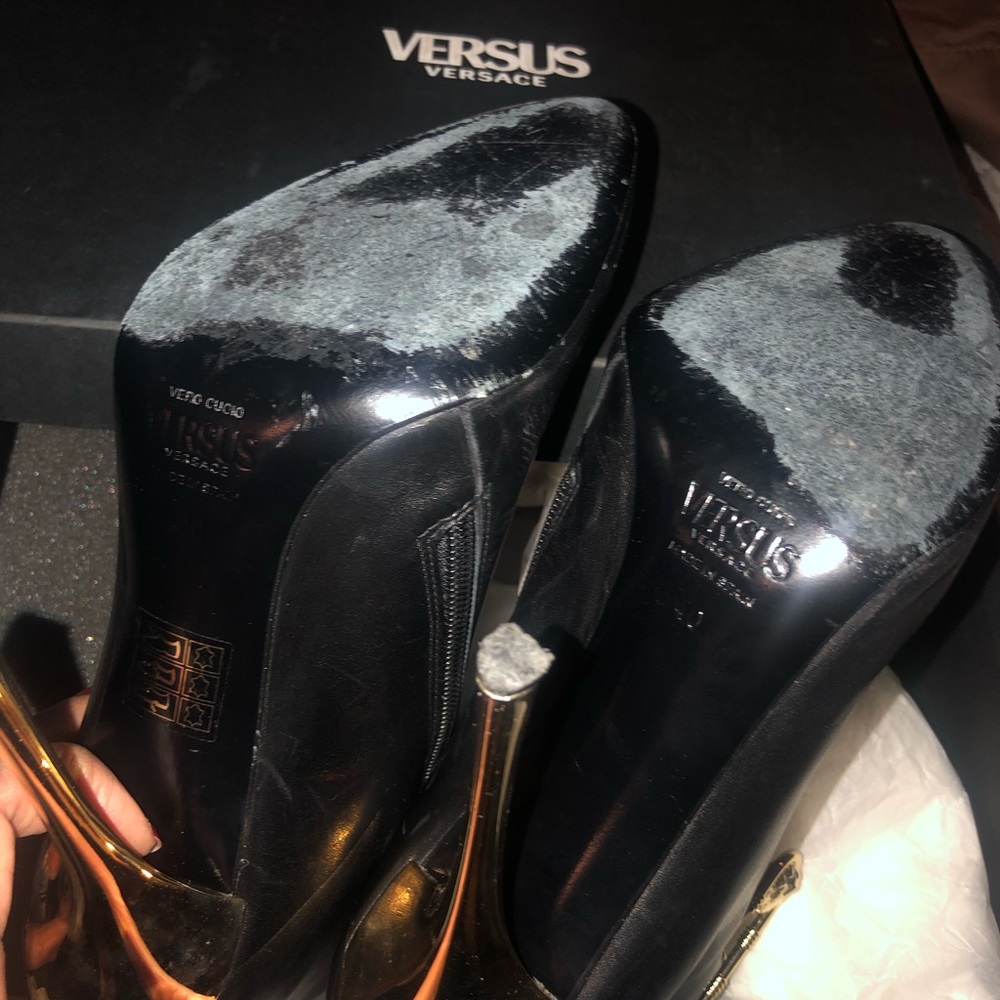VERSACE Black Leather Booties w/ Logo Pin - Picture 4 of 9